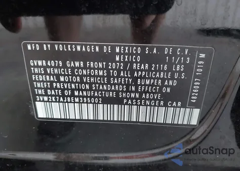 2014 Volkswagen Jetta 2.0L S из США, поврежденный, VIN 3VW2K7AJ8EM395002